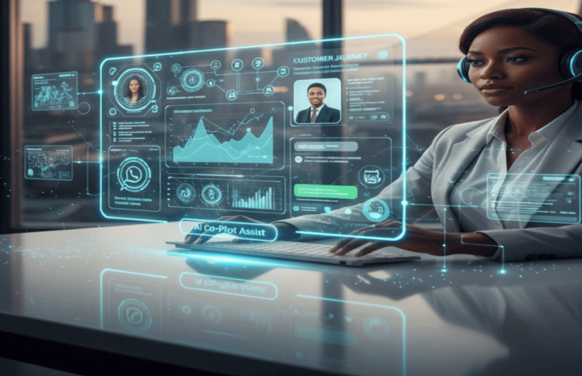 image of a call center agent in nigeria interacting with multiple digital interfaces, surrounded by abstract AI visual elements
